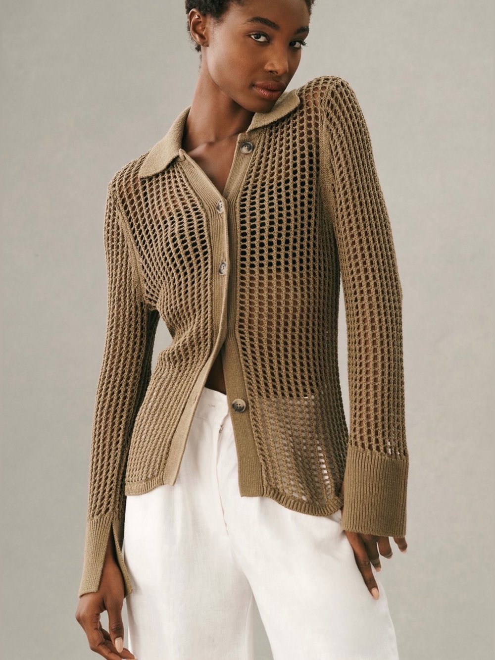 Anthropologie DH New York Open-Stitch Cardigan Sweater Olive Mesh Knit NWT Small